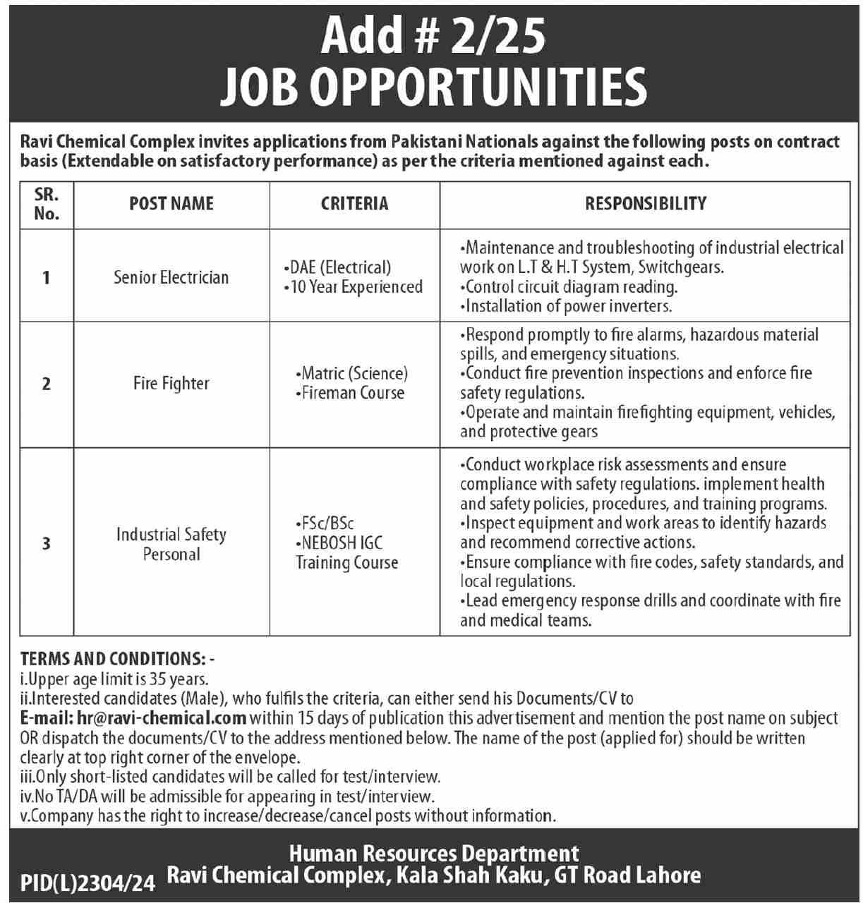 Ravi Chemical Complex Lahore Jobs 2025 – Public Sector Organization Jobs 2025 — original advertisement
