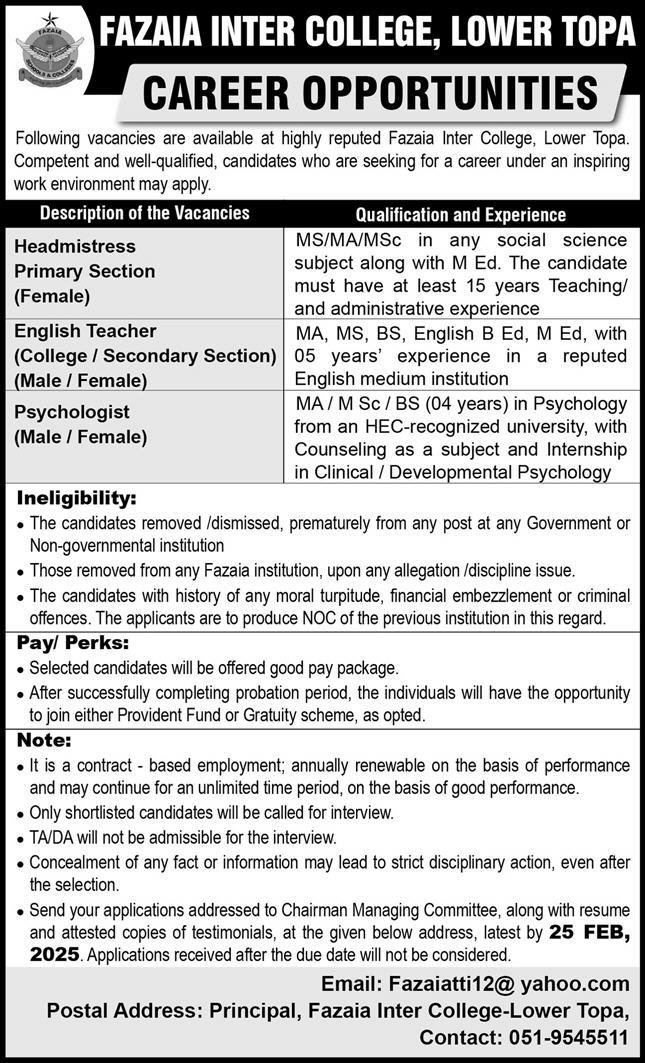 Fazaia Inter College Lower Topa Murree Jobs 2025 – Fazaia Schools & Colleges Jobs 2025 — original advertisement