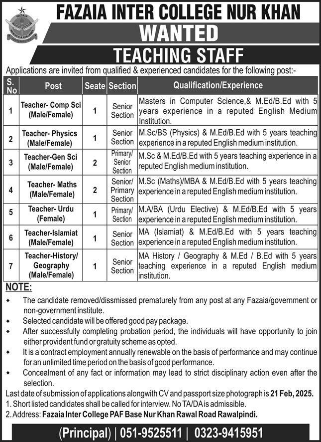Fazaia Inter College Nur Khan Rawalpindi Jobs 2025 – Fazaia Schools & Colleges Jobs 2025 — original advertisement