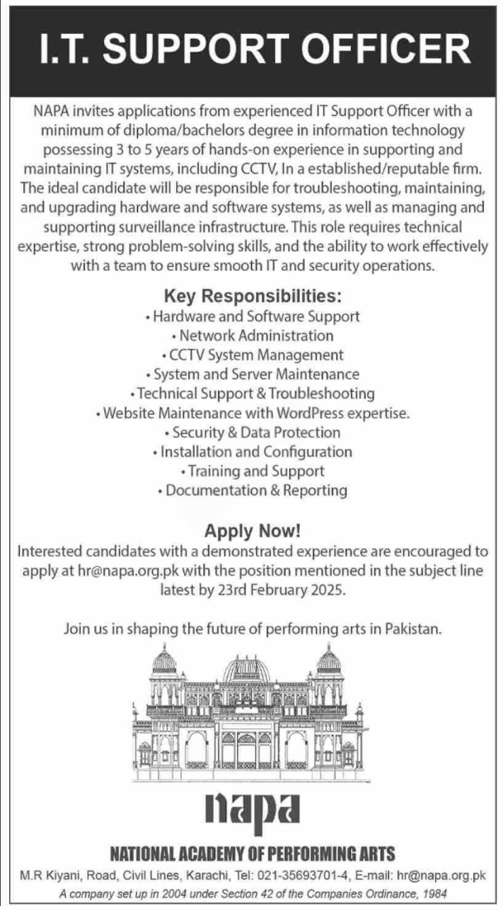National Academy of Performing Arts NAPA Karachi Jobs 2025 – National Academy Of Performing Art NAPA Jobs 2025 — original advertisement
