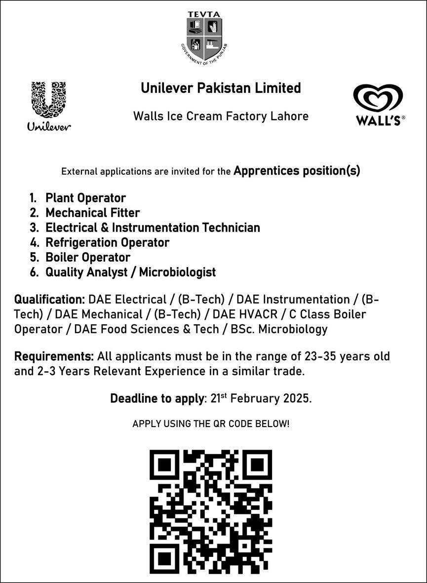 Apprenticeship Positions At Unilever Pakistan Limited Jobs 2025 — original advertisement