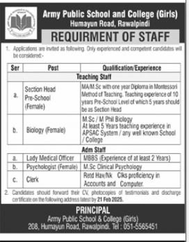 Army Public School And College Rawalpindi Jobs 2025 – Army Public School & College Paksitan Jobs 2025 — original advertisement