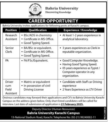 Bahria University Karachi Campus Jobs 2025 Jobs 2025 — original advertisement