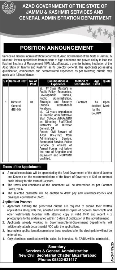 Services And General Adminstration Department Jobs 2025 – Govt of Azad Kashmir Jobs 2025 — original advertisement
