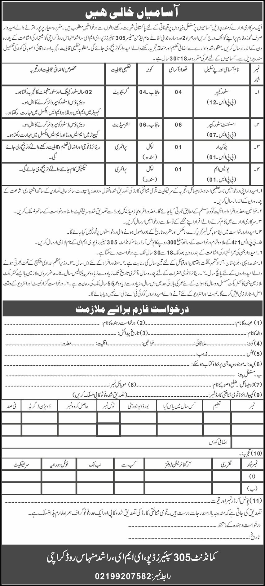 305 Spares Depot Karachi Sindh Jobs 2025 – Pakistan Army Jobs 2025 — original advertisement