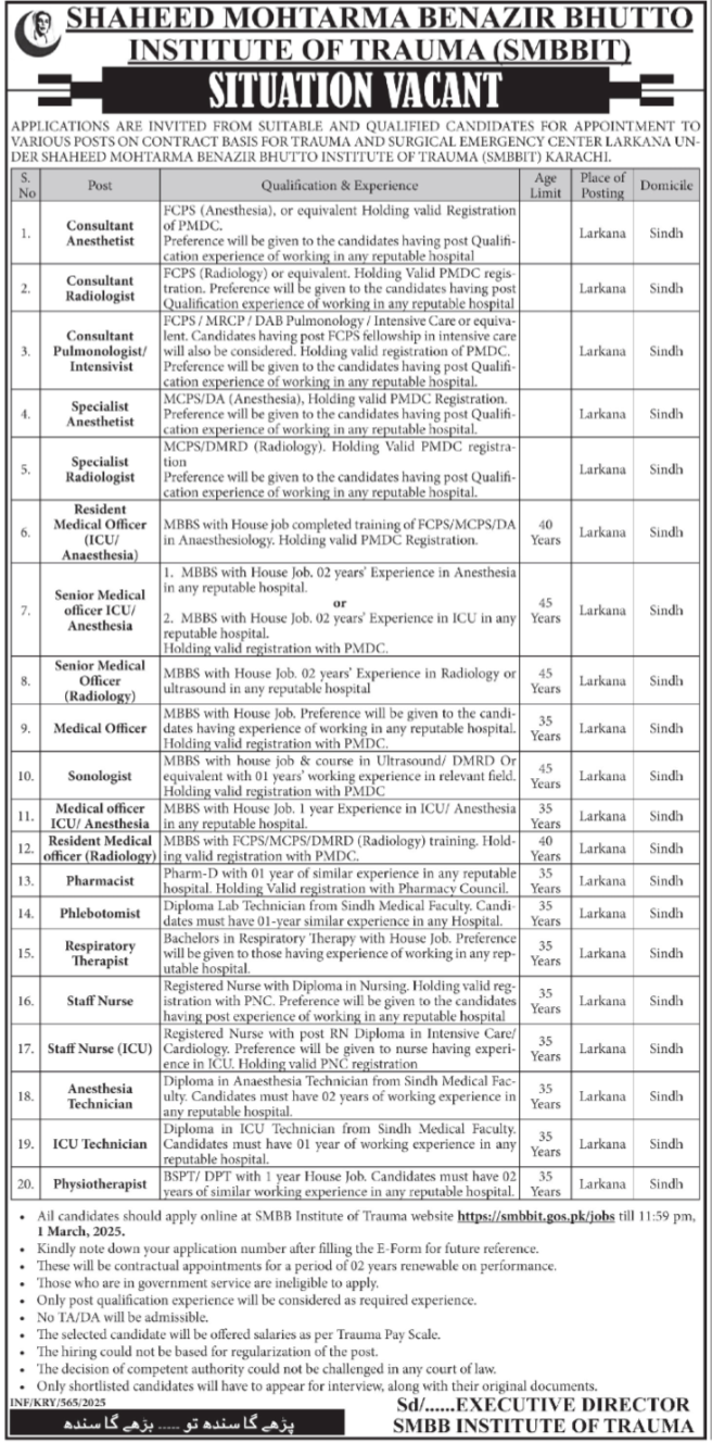 Shaheed Mohtarma Benazir Bhutto Institute Of Trauma Jobs Jobs 2025 — original advertisement