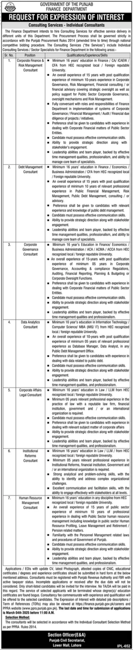 Finance Department Lahore Jobs 2025 – Finance Department Punjab Jobs 2025 — original advertisement