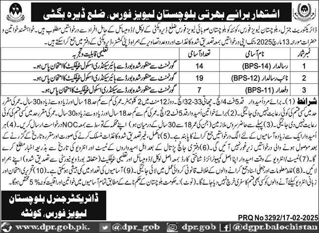 Balochistan Levies Force Dera Bugti Jobs 2025 Jobs 2025 — original advertisement