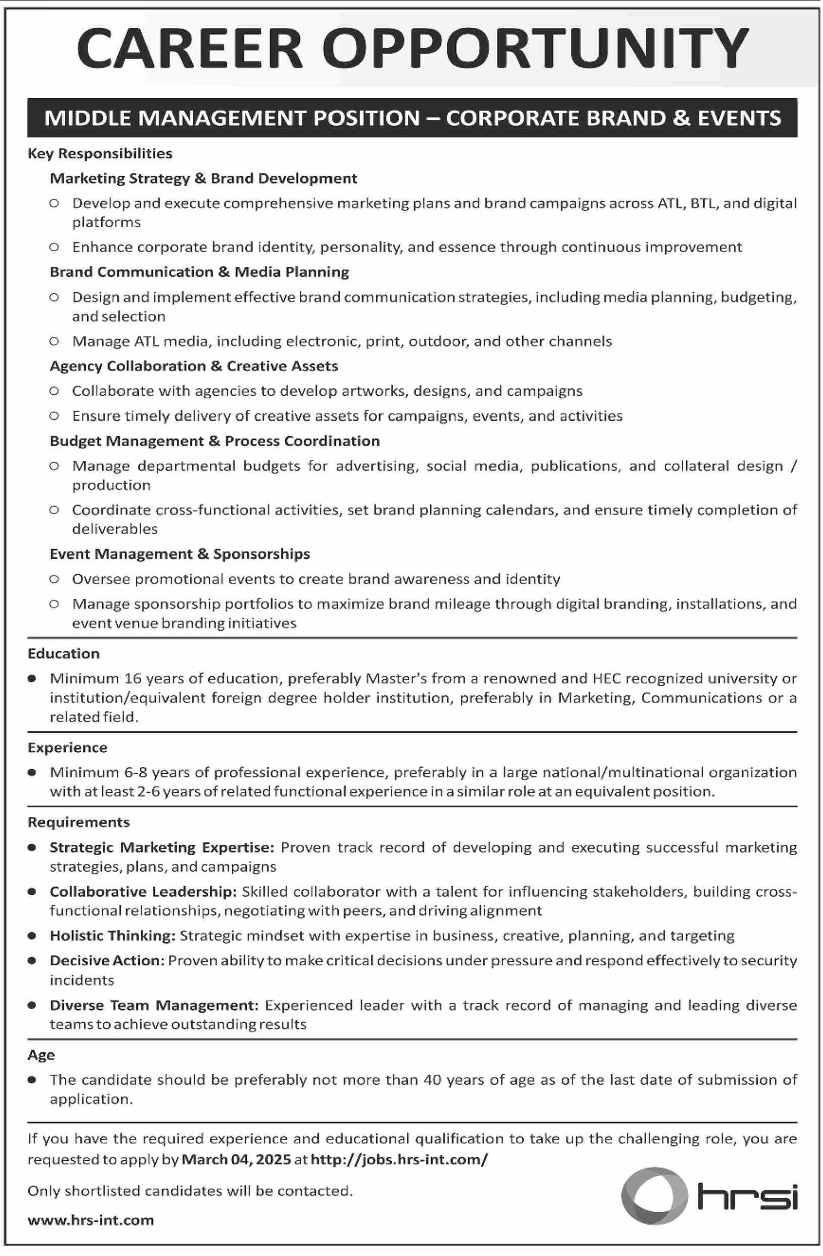 Human Resource Solution International HRSI Jobs 2025 – HRSG People and Business karachi Jobs 2025 — original advertisement