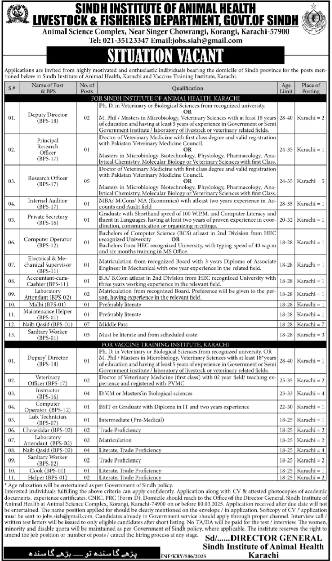 Livestock & Fisheries Department Kararchi Jobs 2025 – Livestock and Fisheries Department Sindh Jobs 2025 — original advertisement