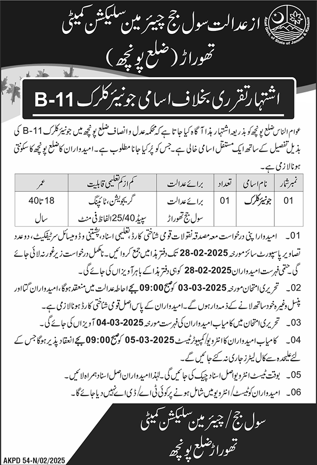 Civil Judge Poonch Azad Jammu Kashmir Job 2025 – Govt of Azad Kashmir Jobs 2025 — original advertisement