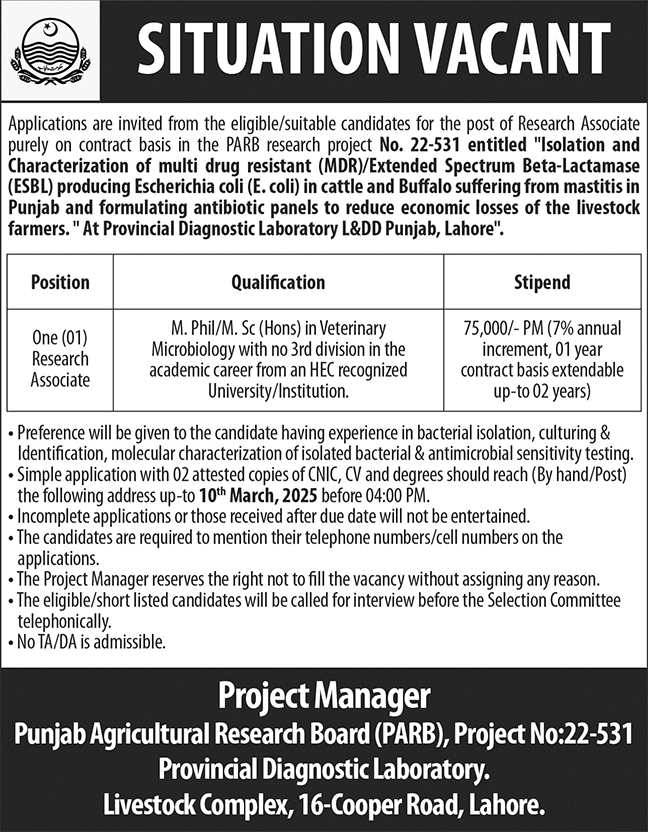 Punjab Agriculture Research Board PARB Lahore Jobs 2025 – Punjab Agriculture Research Board (PARB) Jobs 2025 — original advertisement