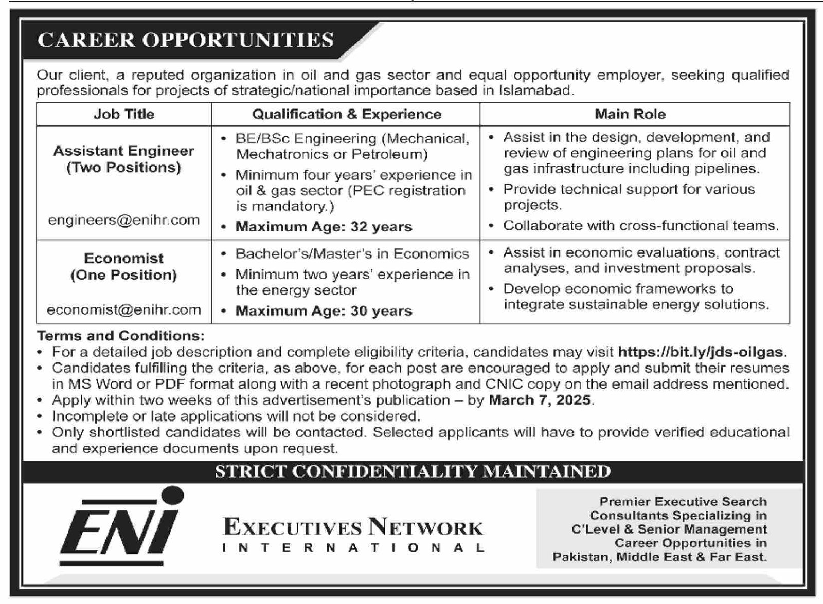 Executive Network International ENI Islamabad Jobs 2025 – Public Sector Organization Jobs 2025 — original advertisement