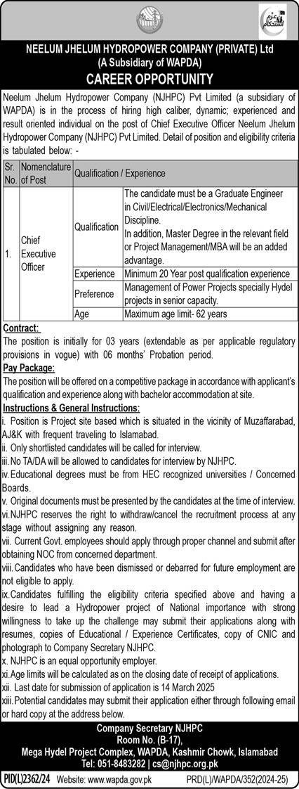 Neelum Jhelum Hydropower Company WAPDA Jobs 2025 – Water and Power Development Authority Jobs 2025 — original advertisement