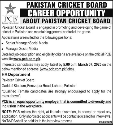 Pakistan Cricket Board PCB Lahore Jobs 2025 – Pakistan Cricket Board (PCB) Jobs 2025 — original advertisement