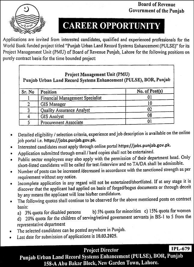 Punjab Urban Land Systems Enhancement PULSE Jobs 2025 – Revenue Department Punjab Jobs 2025 — original advertisement