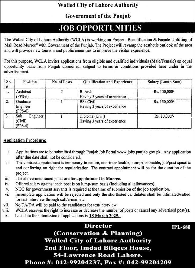 Walled City Of Lahore Authority WCLA Jobs 2025 – Walled City Of Lahore Authority WLCA Jobs 2025 — original advertisement
