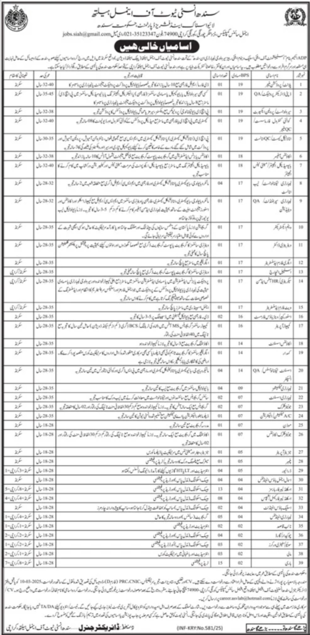 SIAH Sindh Institute Of Animal Health Karachi Jobs 2025 – Sindh Institute of Physical Medicine and Rehabilitation Jobs 2025 — original advertisement