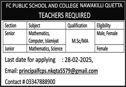 FC Public School & College Nawakilli Quetta Jobs 2025 – FC Public School and College Jobs 2025 — original advertisement