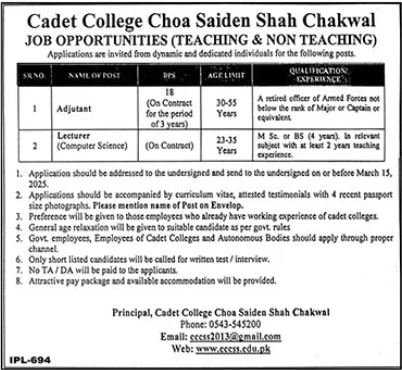Cadet College Choa Saiden Shah Chakwal Jobs 2025 Jobs 2025 — original advertisement
