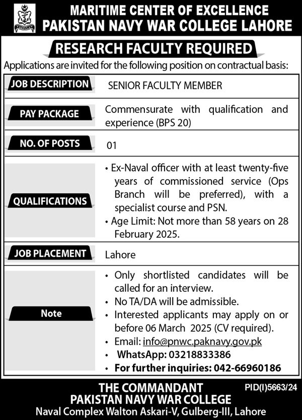 Pakistan Navy War College PNWC Lahore Jobs 2025 Jobs 2025 — original advertisement