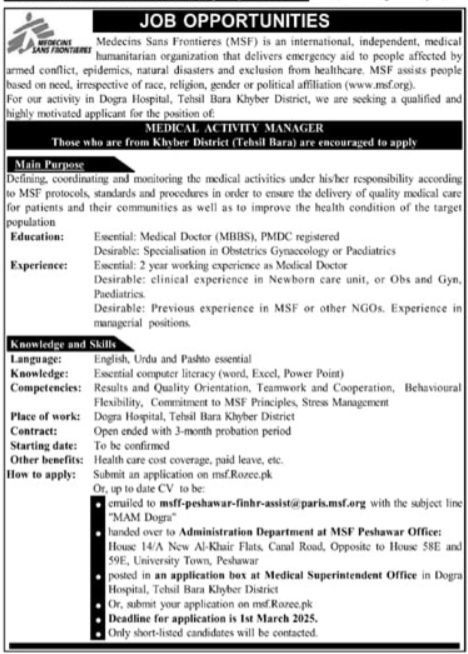 Medecins Sans Frontieres MSF Pakistan Jobs 2025 – Medecins Sans Frontières (MSF) Jobs 2025 — original advertisement