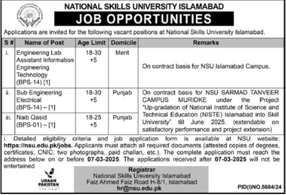 National Skills University NSU Islamabad Jobs 2025 – National Skills University Islamabad Jobs 2025 — original advertisement