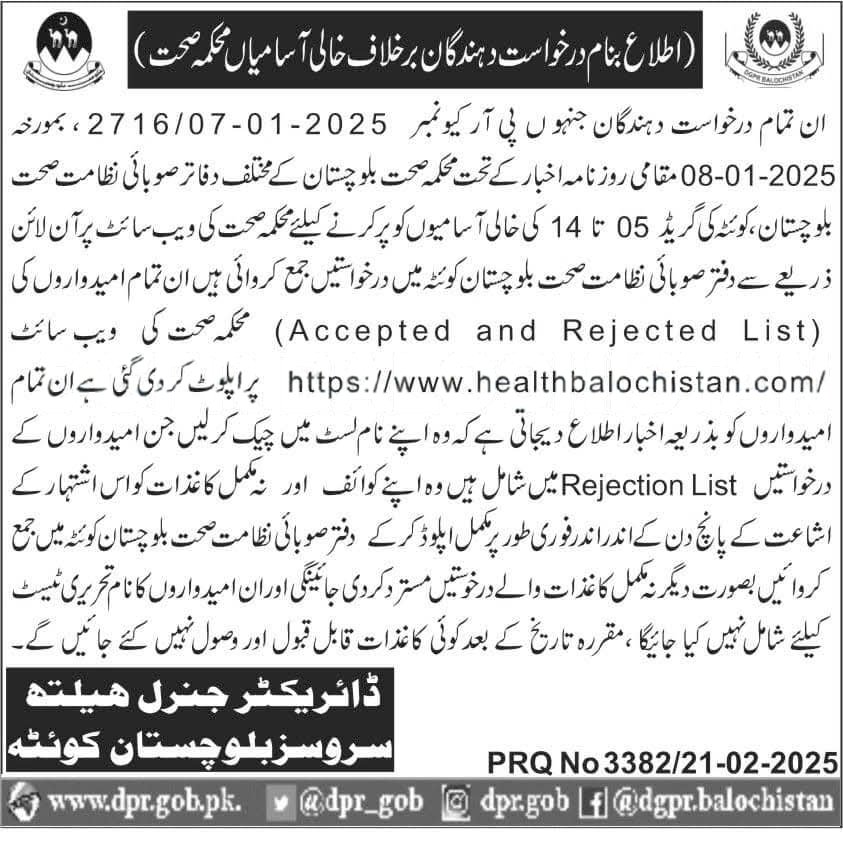 Health Services Balochistan Jobs Accepted Rejected List 2025 – Health Department Balochsitan Jobs 2025 — original advertisement