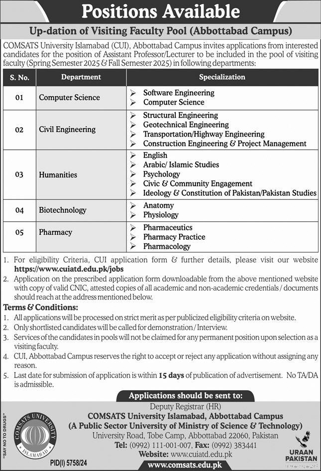Comsats University Islamabad CUI Abbottabad Campus Job 2025 Jobs 2025 — original advertisement