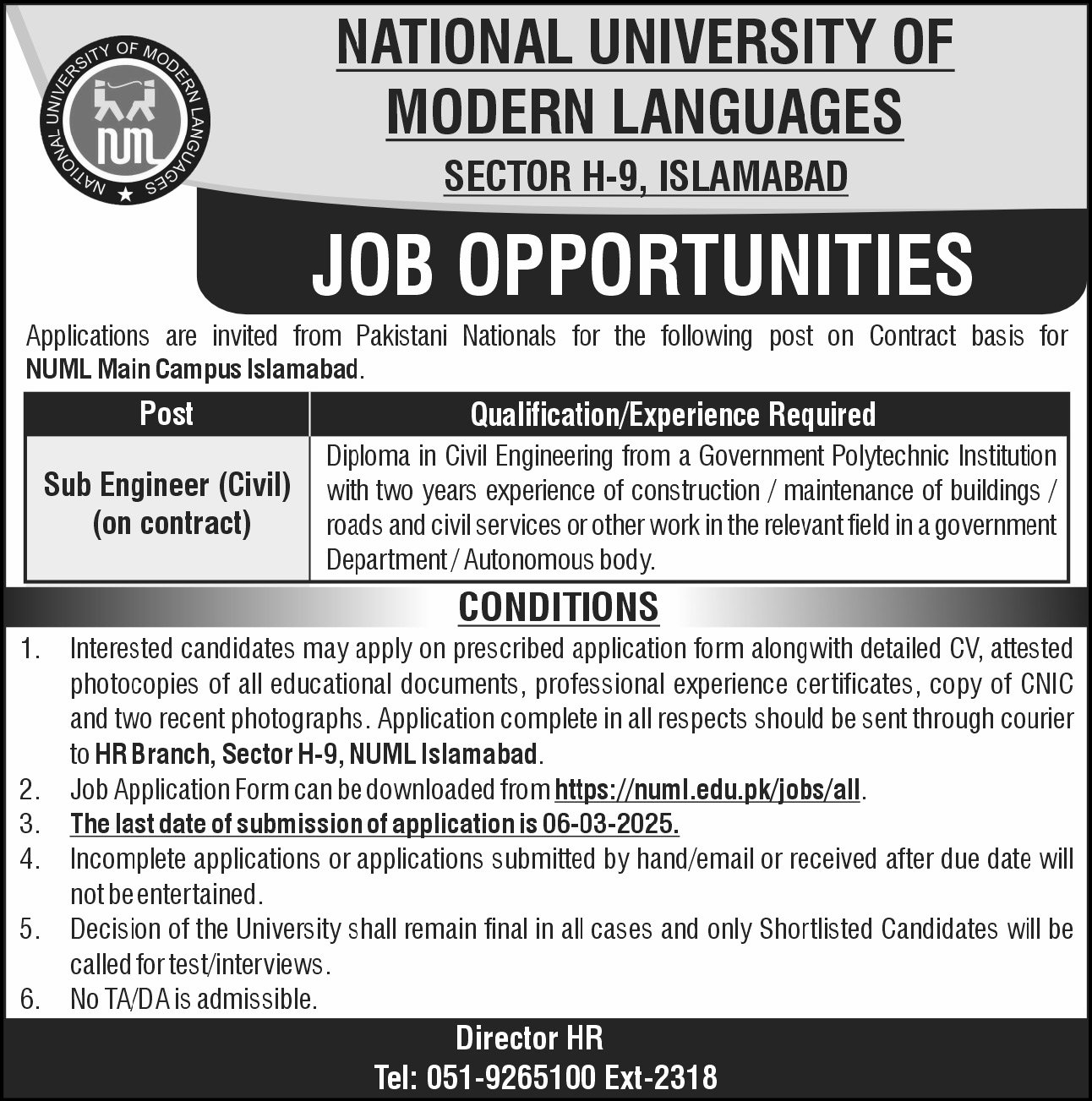 National University of Modern Languages NUMLIslamabad Jobs – National University of Modern Languages Islamabad Jobs 2025 — original advertisement