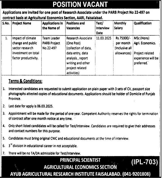 Agricultural Economics Section AARI Faisalabad Jobs 2025 – Agriculture Department Punjab Jobs 2025 — original advertisement