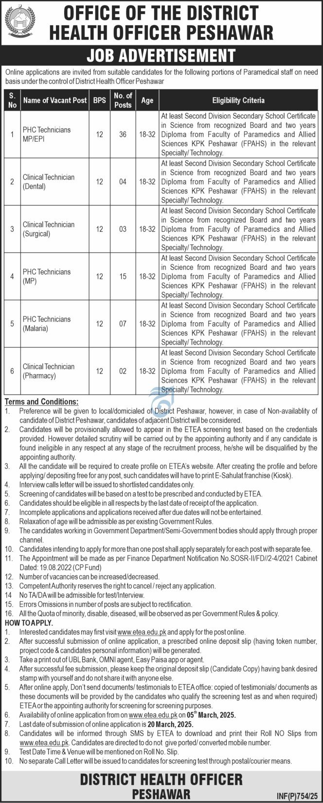 Health Officer Peshawar khyber Pakhtunkhwa Jobs 2025 – Health Department Balochsitan Jobs 2025 — original advertisement