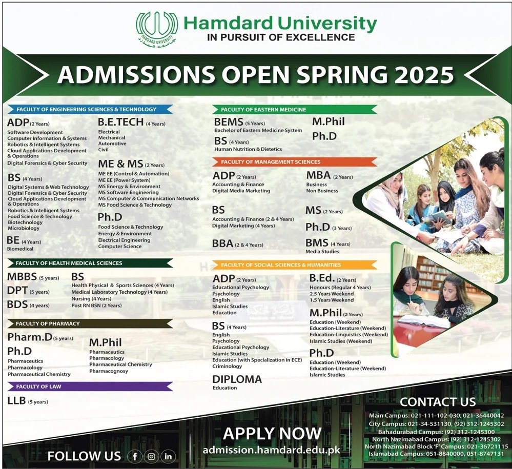 Admission Open in Hamdard University 2025 – Hamdard University Hospital Karachi Admissions 2025 — original advertisement