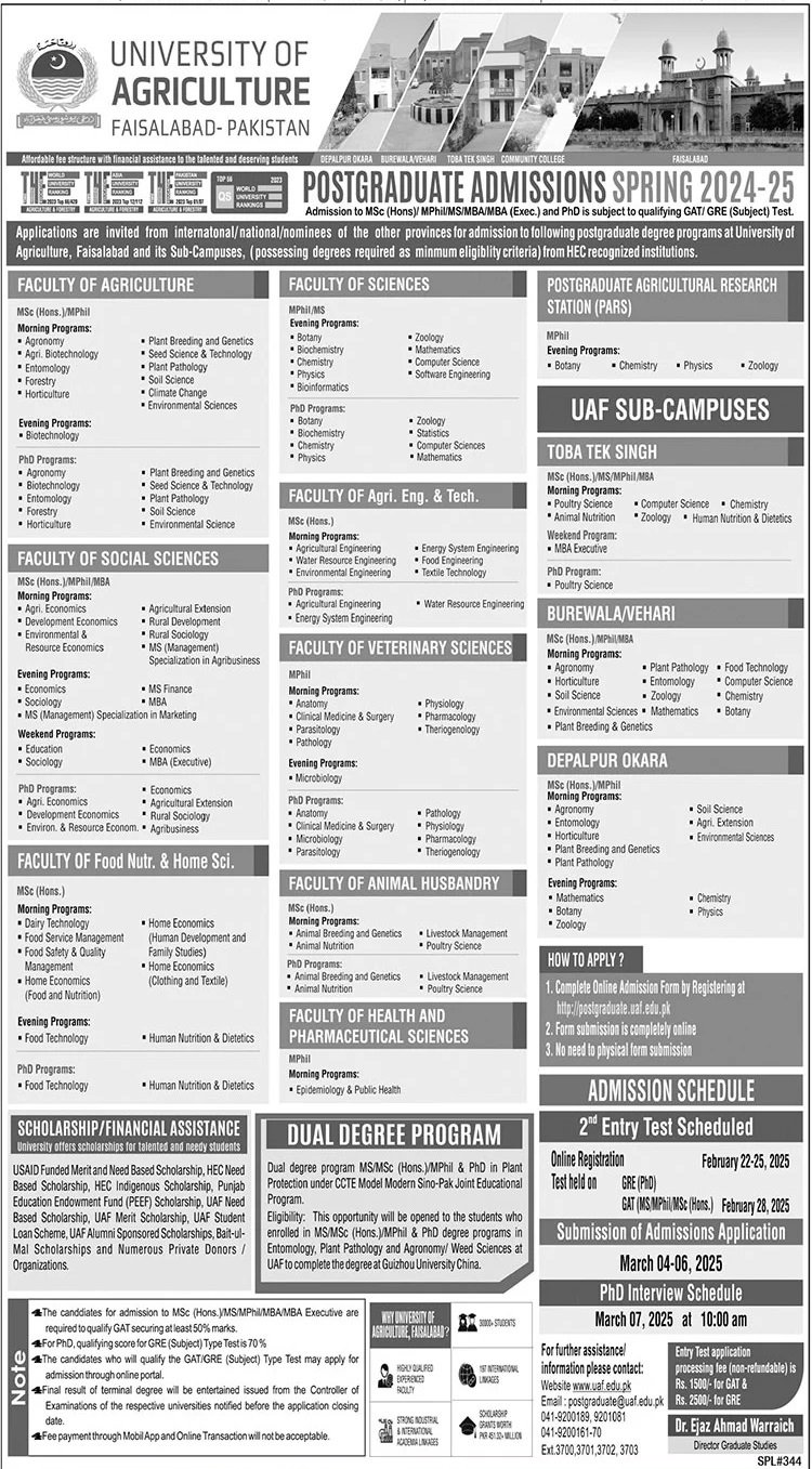 Admission Open in University of Agriculture Faislabad 2025 – University of Agriculture Faisalabad Admissions 2025 — original advertisement