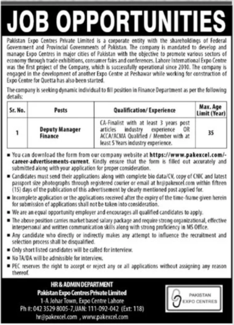 Pakistan Expo Centre Lahore Punjab Jobs 2025 – Pakistan Expo Centres Private Limited Jobs 2025 — original advertisement