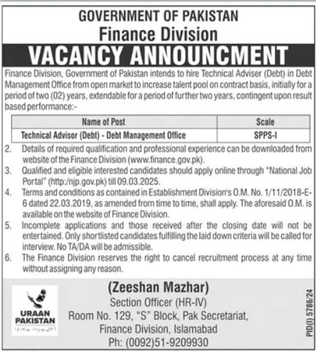 Finance Division Technical Advisor Jobs 2025 – Finance Division Islamabad Jobs 2025 — original advertisement