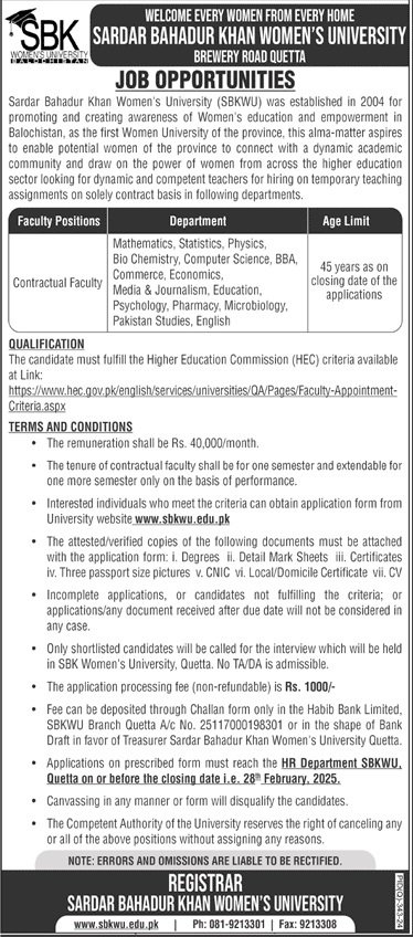 SBK Women University Quetta Jobs 2025 – Sardar Bahadur Khan Women's University Quetta Jobs 2025 — original advertisement