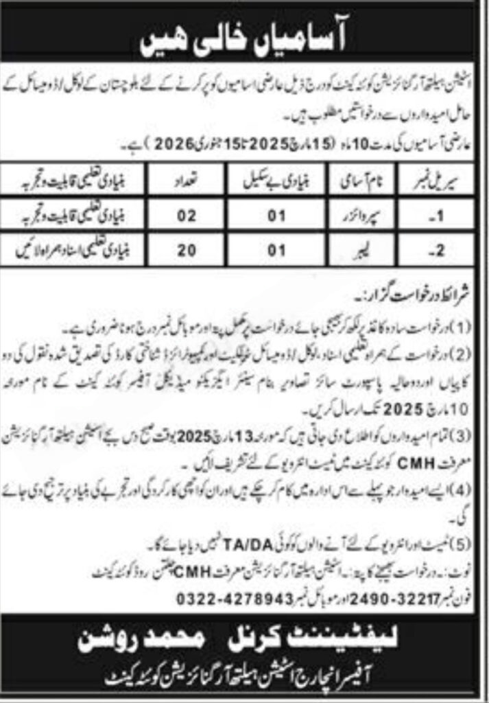 Station Health Organization Quetta Cantt Jobs 2025 – Pakistan Army Jobs 2025 — original advertisement