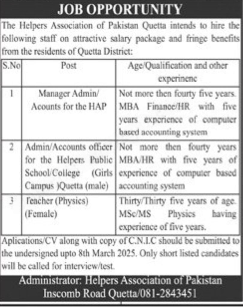 Helpers Association of Pakistan Quetta Jobs 2025 – Helper Eye Hospital Quetta Jobs 2025 — original advertisement