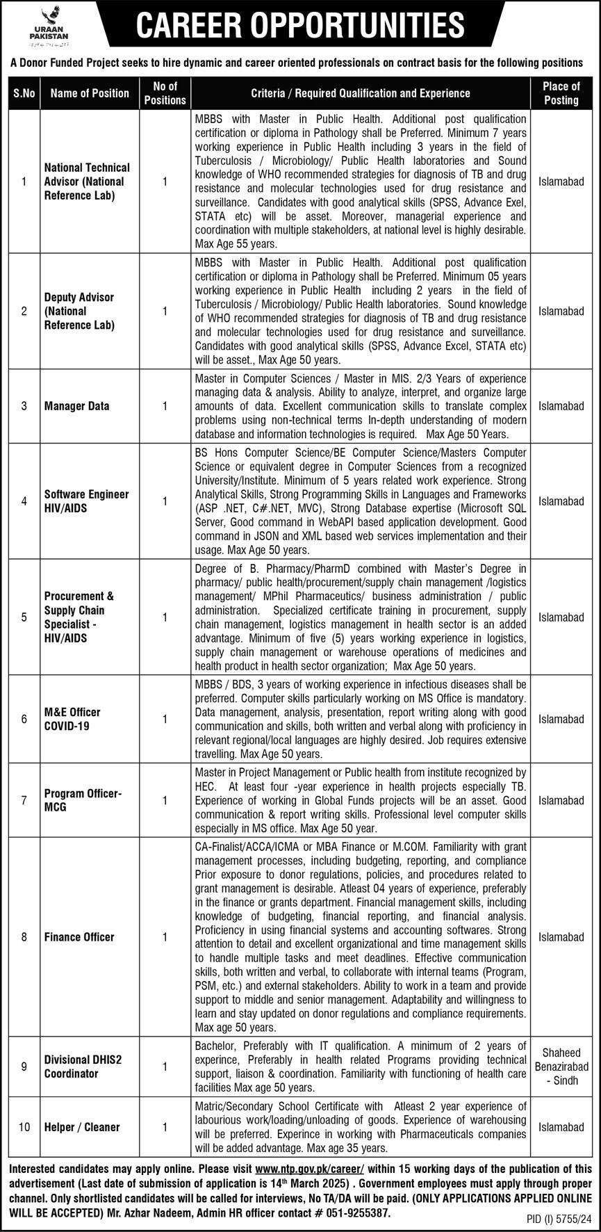 National TB Control Program NTP Islamabad Jobs 2025 – Public Sector Organization Jobs 2025 — original advertisement