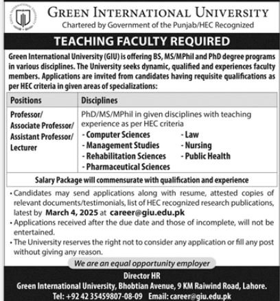 The Green International University Lahore Jobs 2025 Jobs 2025 — original advertisement