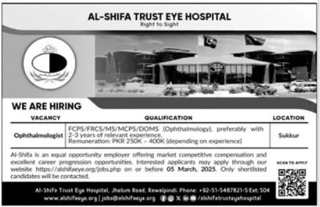 Al Shifa Trust Eye Hospital Ophthalmologist Jobs 2025 – Al-Shifa Trust Eye Hospital Rawalpindi Pakistan Jobs 2025 — original advertisement