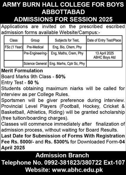 Army Burn Hall College For Boys Jobs 2025 – Army Burn Hall College Abbottabad Jobs 2025 — original advertisement