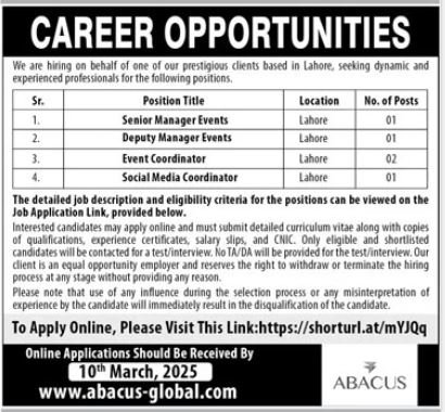 Abacus Global Lahore Punjab Jobs 2025 – Public Sector Organization Jobs 2025 — original advertisement