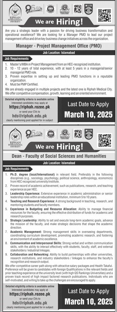 Riphah International University Dean Jobs 2025 Jobs 2025 — original advertisement