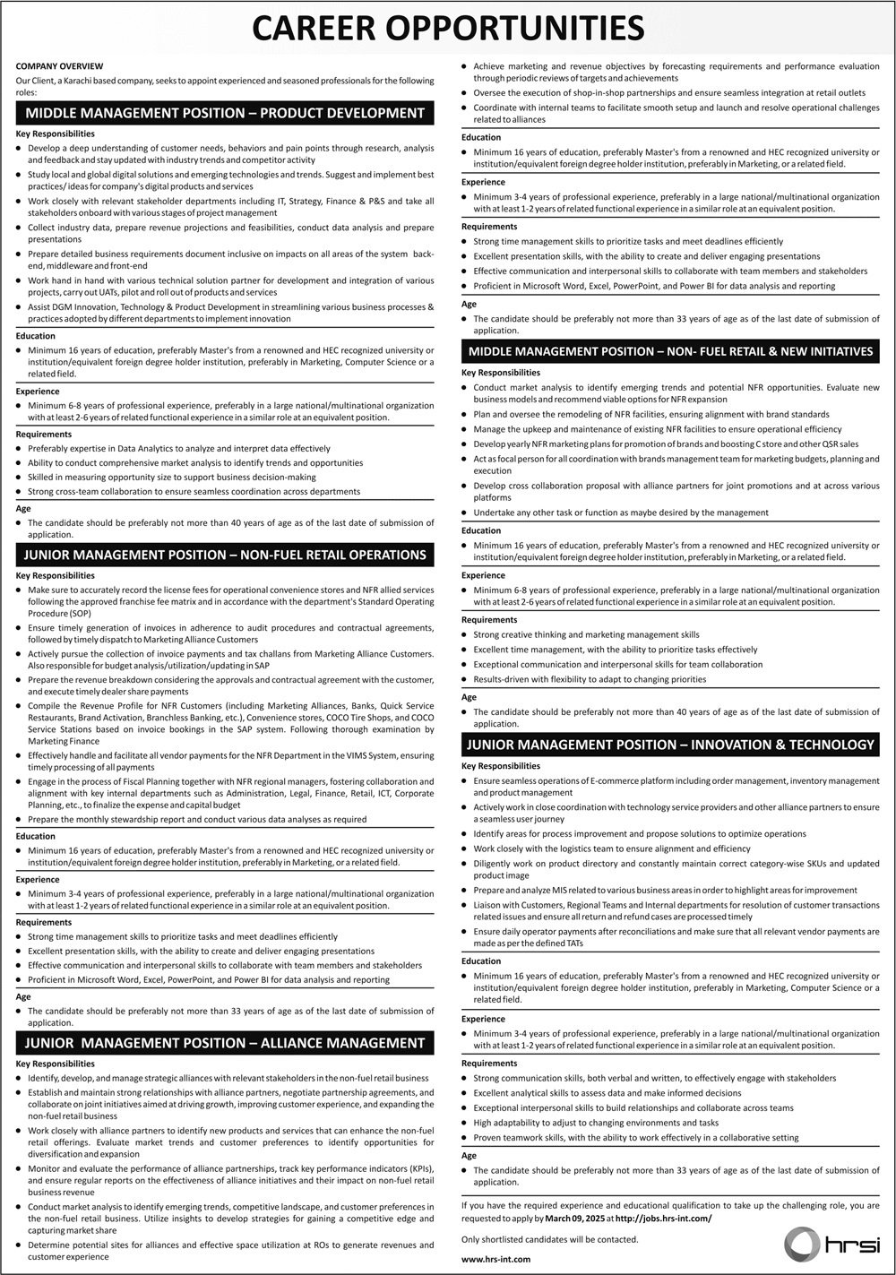 Human Resource Solution International HRSI Jobs 2025 – HRSG People and Business karachi Jobs 2025 — original advertisement