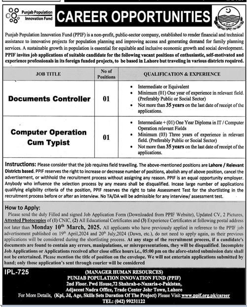 Punjab Population Innovation Fund PPIF Lahore Jobs 2025 – Public Sector Organization Jobs 2025 — original advertisement
