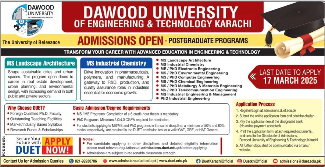Admissio Open in Dawood University of Engineering – Dawood University of Engineering and Technology Karachi Admissions 2025 — original advertisement