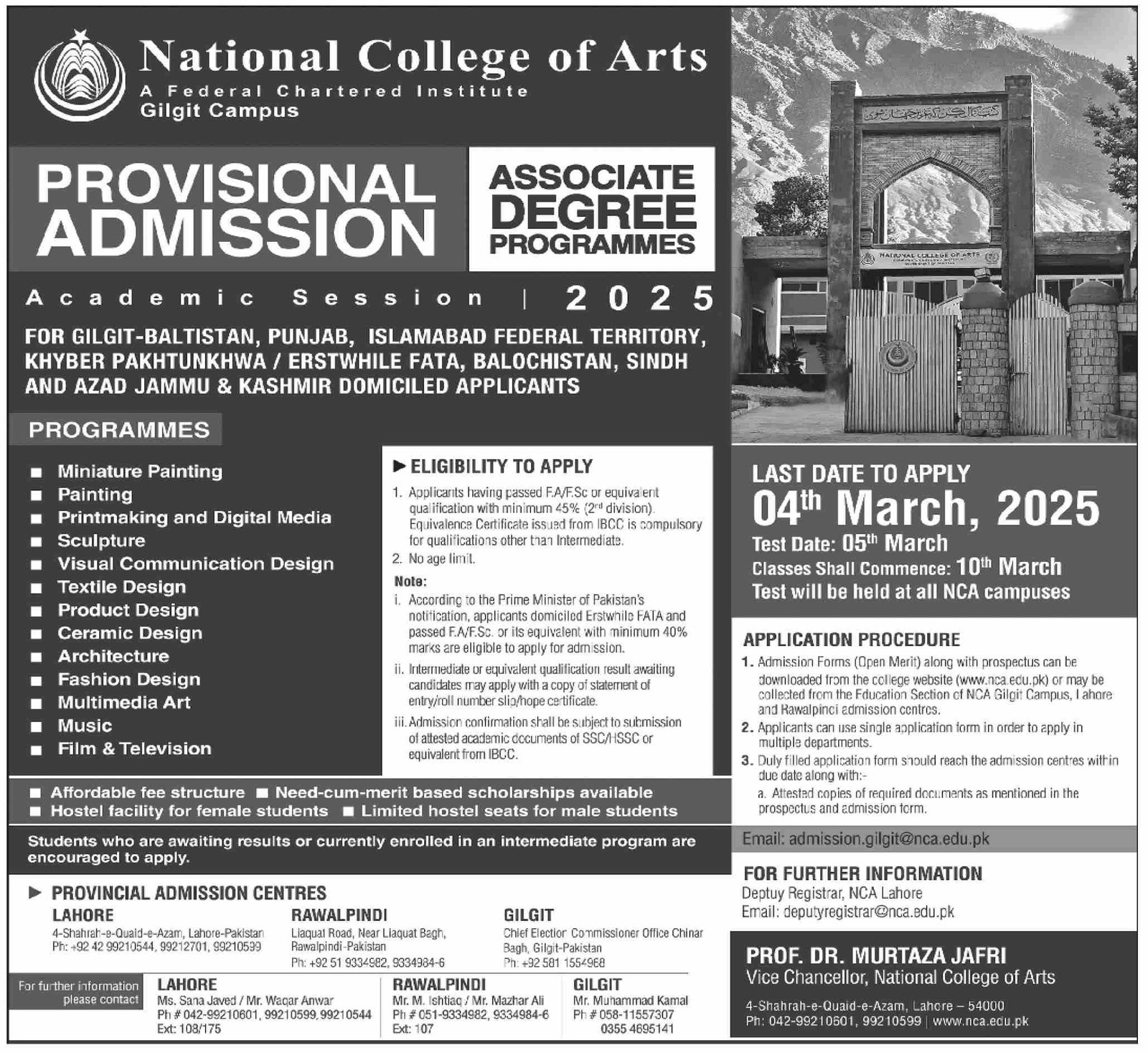 Admission Open in National College of Arts Nca Gilgit 2025 – National College of Arts, NCA Lahore Admissions 2025 — original advertisement