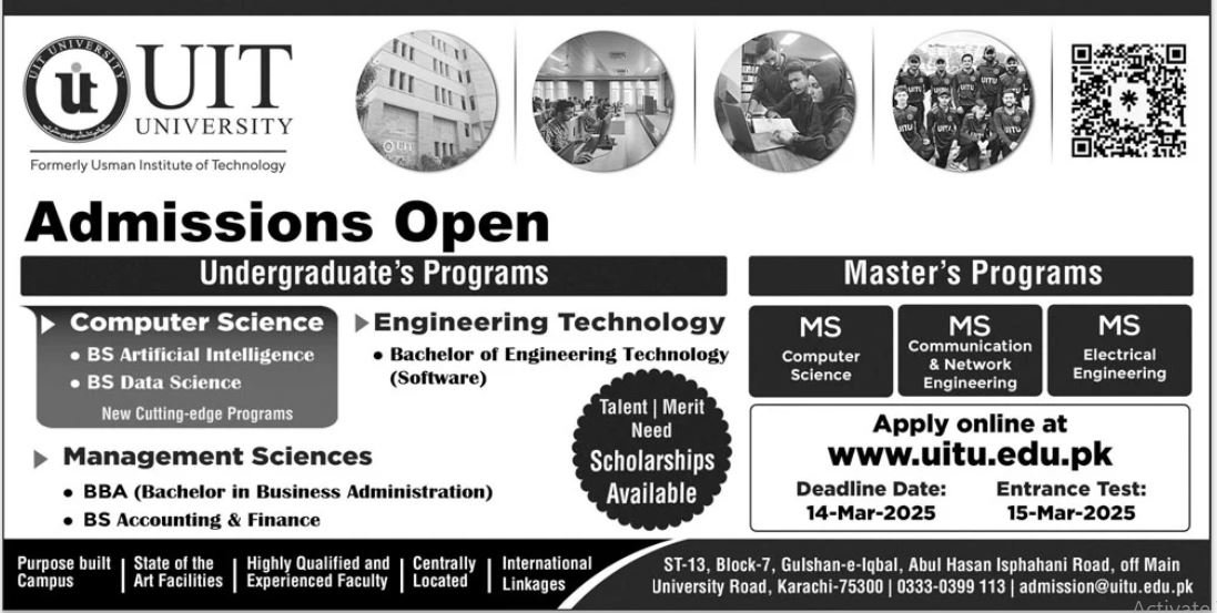 Admission Open in Usman Institute of Technology Uit 2025 – Usman Institute Of Technology UIT Karachi Admissions 2025 — original advertisement